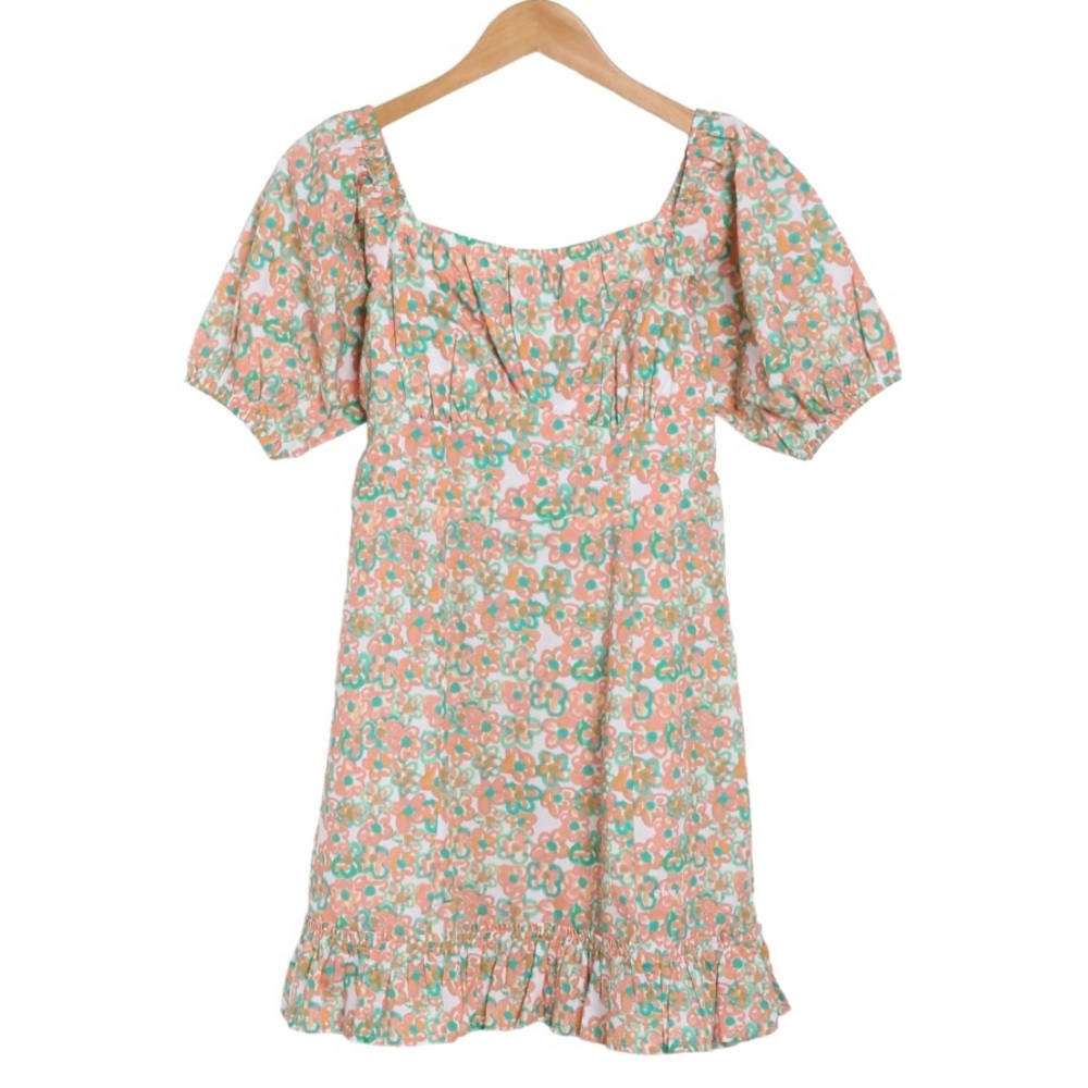 Obey Cleo Puff Sleeve Floral Flower Mini Dress NWT Size S Pink/Green/White